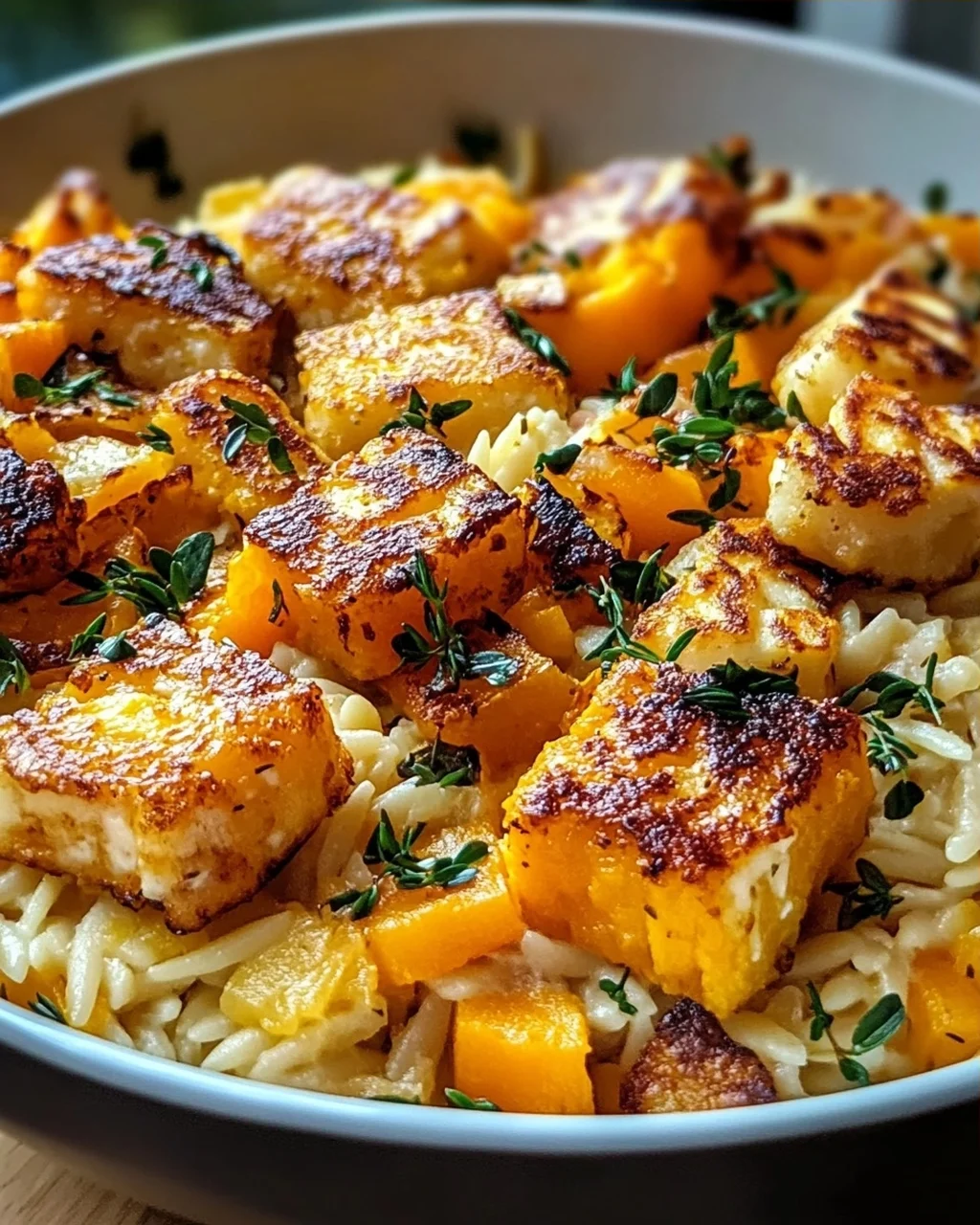 Butternut Squash and Halloumi Orzo Bake