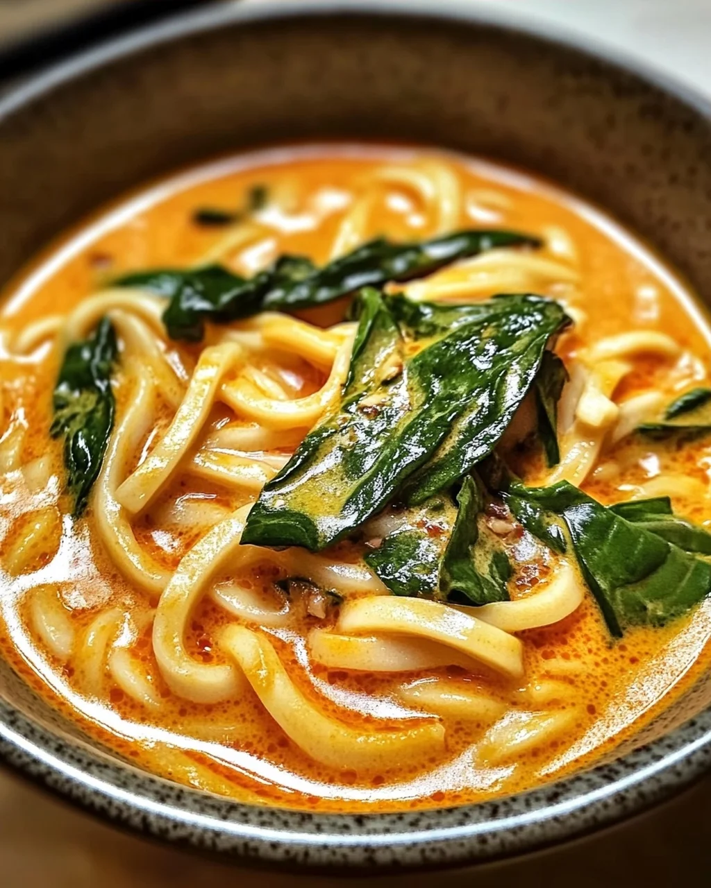 Cremige thailändische rote Curry Udon-Nudeln schnell zubereitet