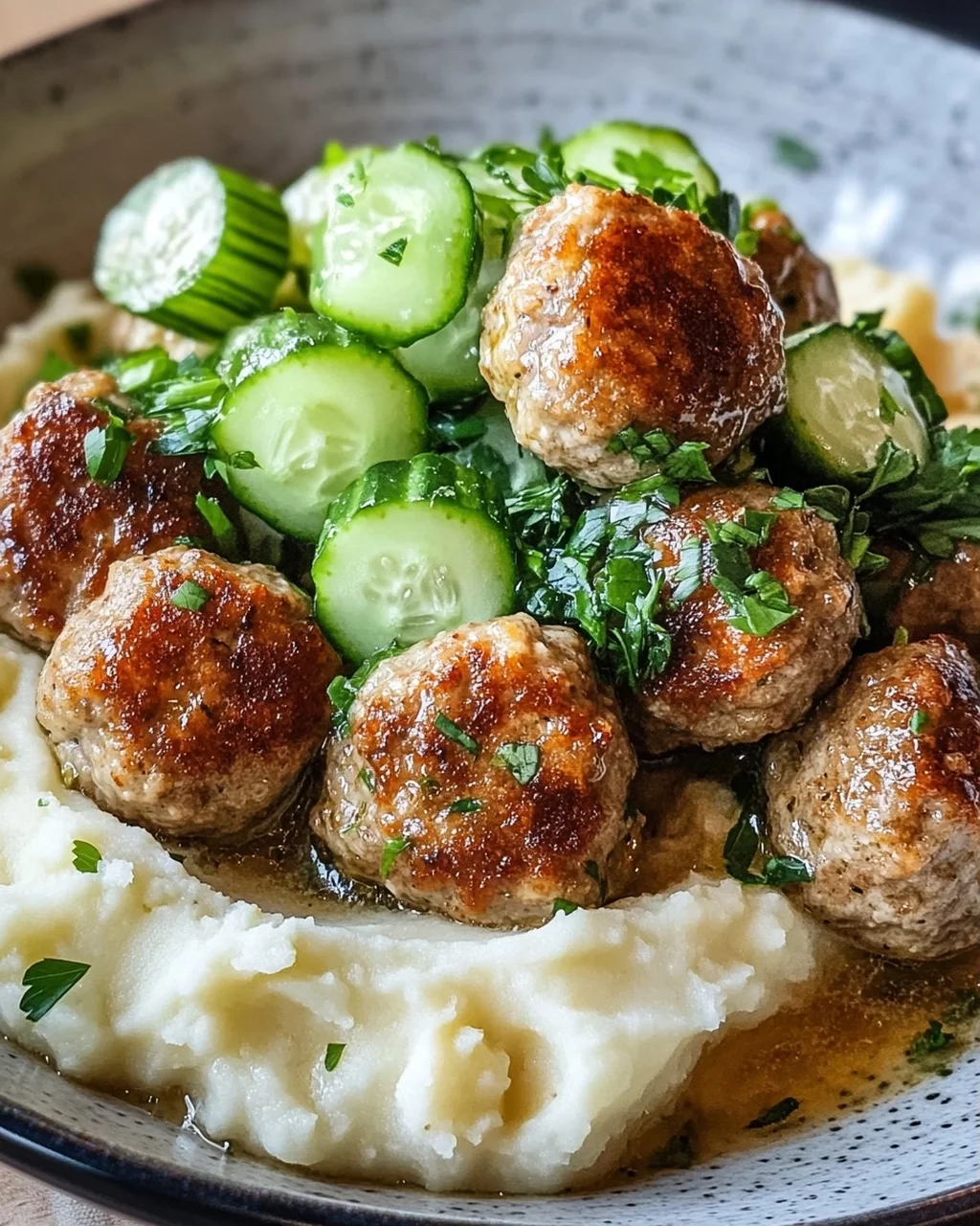 Fleischbällchen mit Gurkensalat und Kartoffelstampf