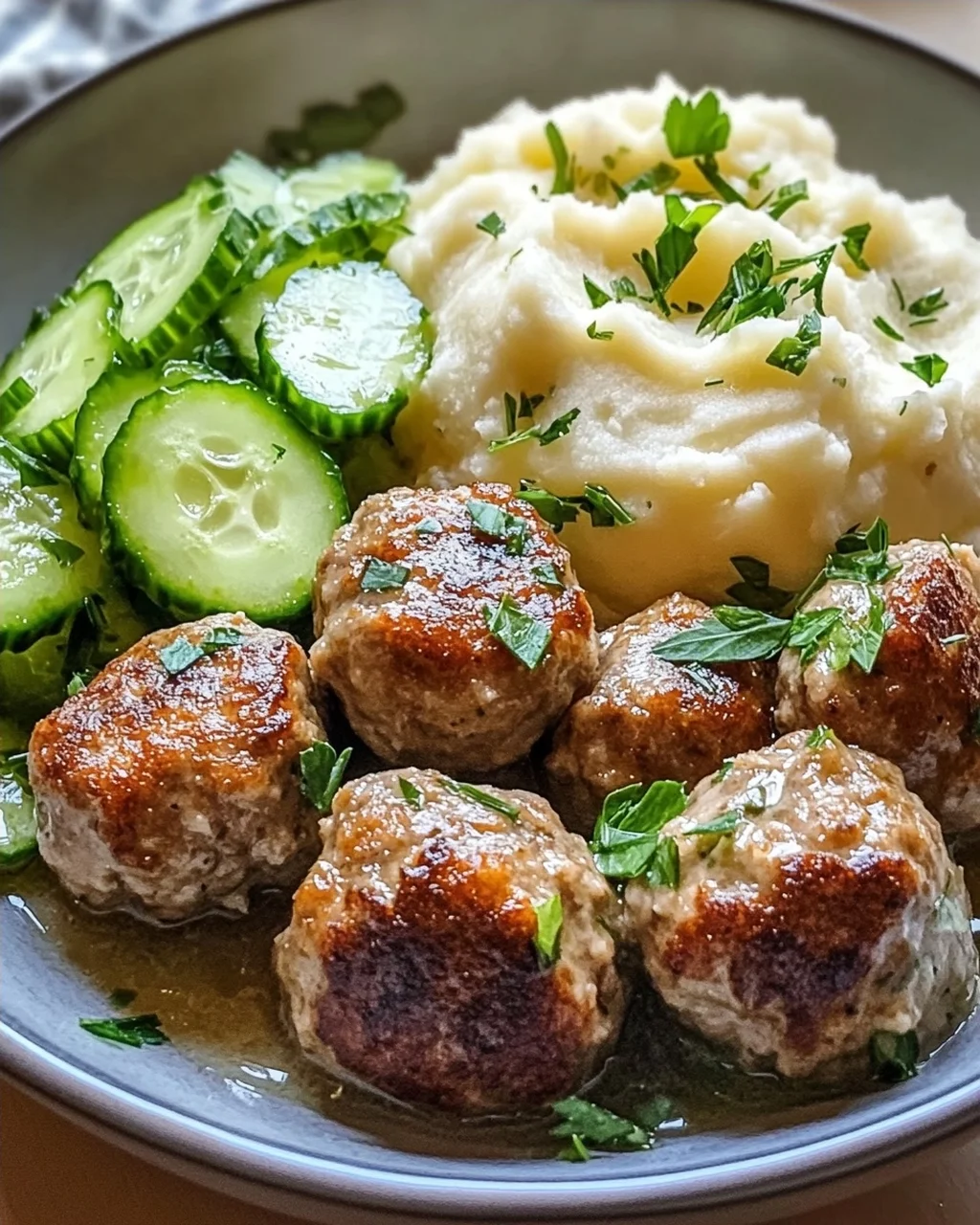Fleischbällchen mit Gurkensalat und Kartoffelstampf