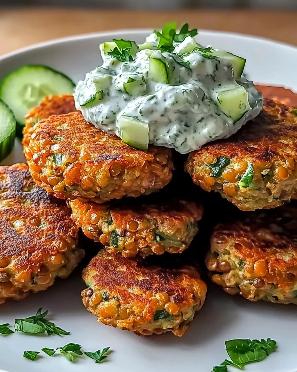 Gebratene griechische Linsenfrikadellen mit Tzatziki Rezept