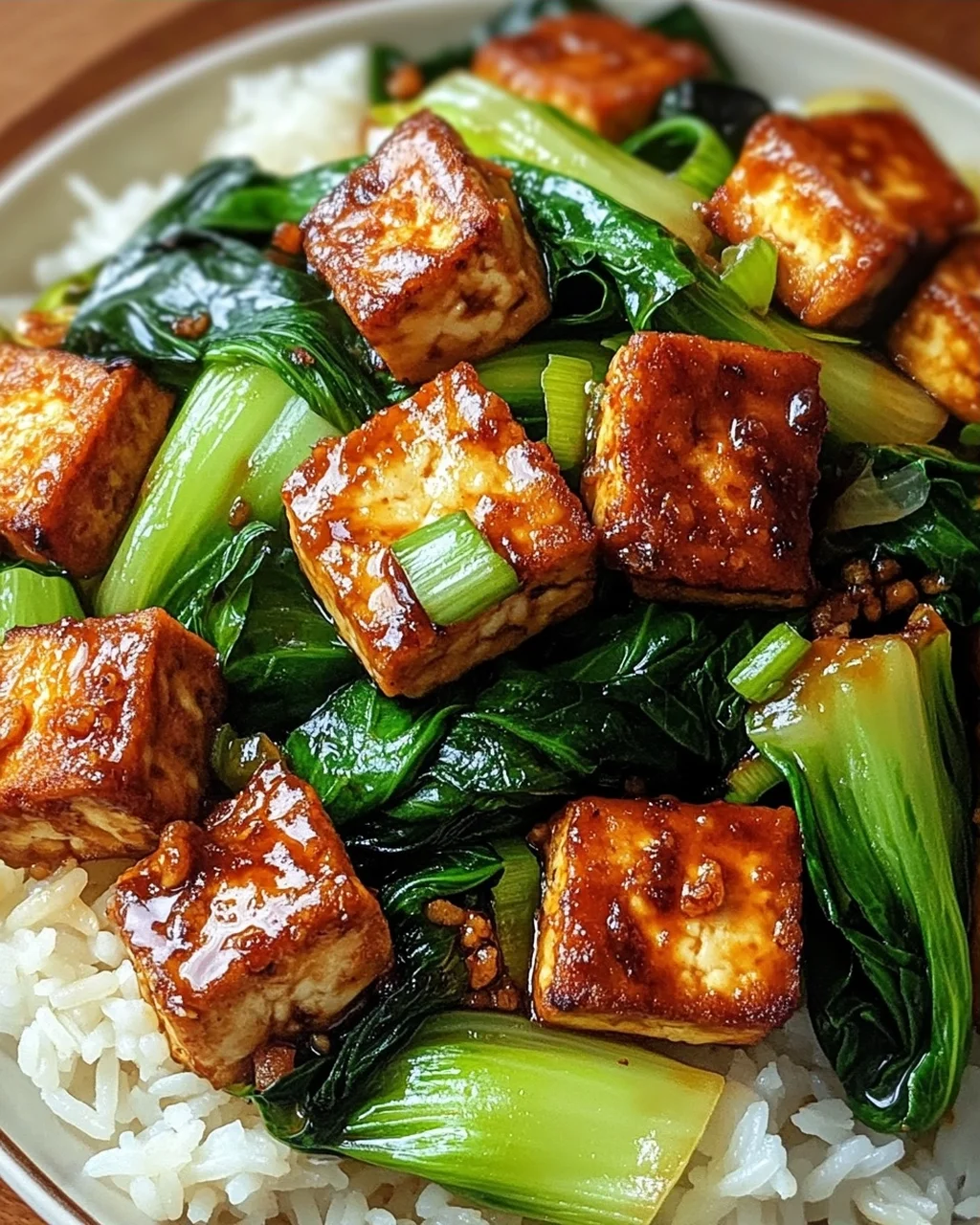 Gebratener Pak Choi mit knusprigem Tofu und Reis