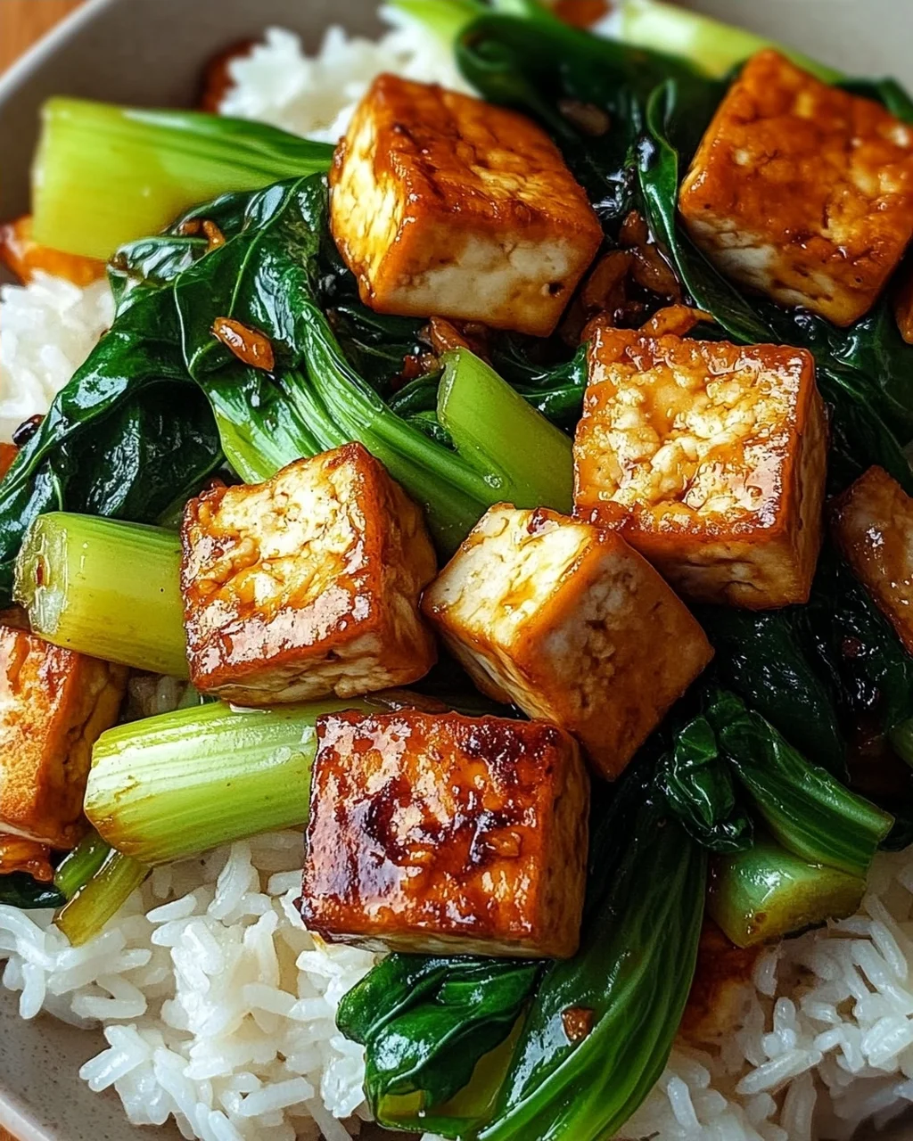 Gebratener Pak Choi mit knusprigem Tofu und Reis