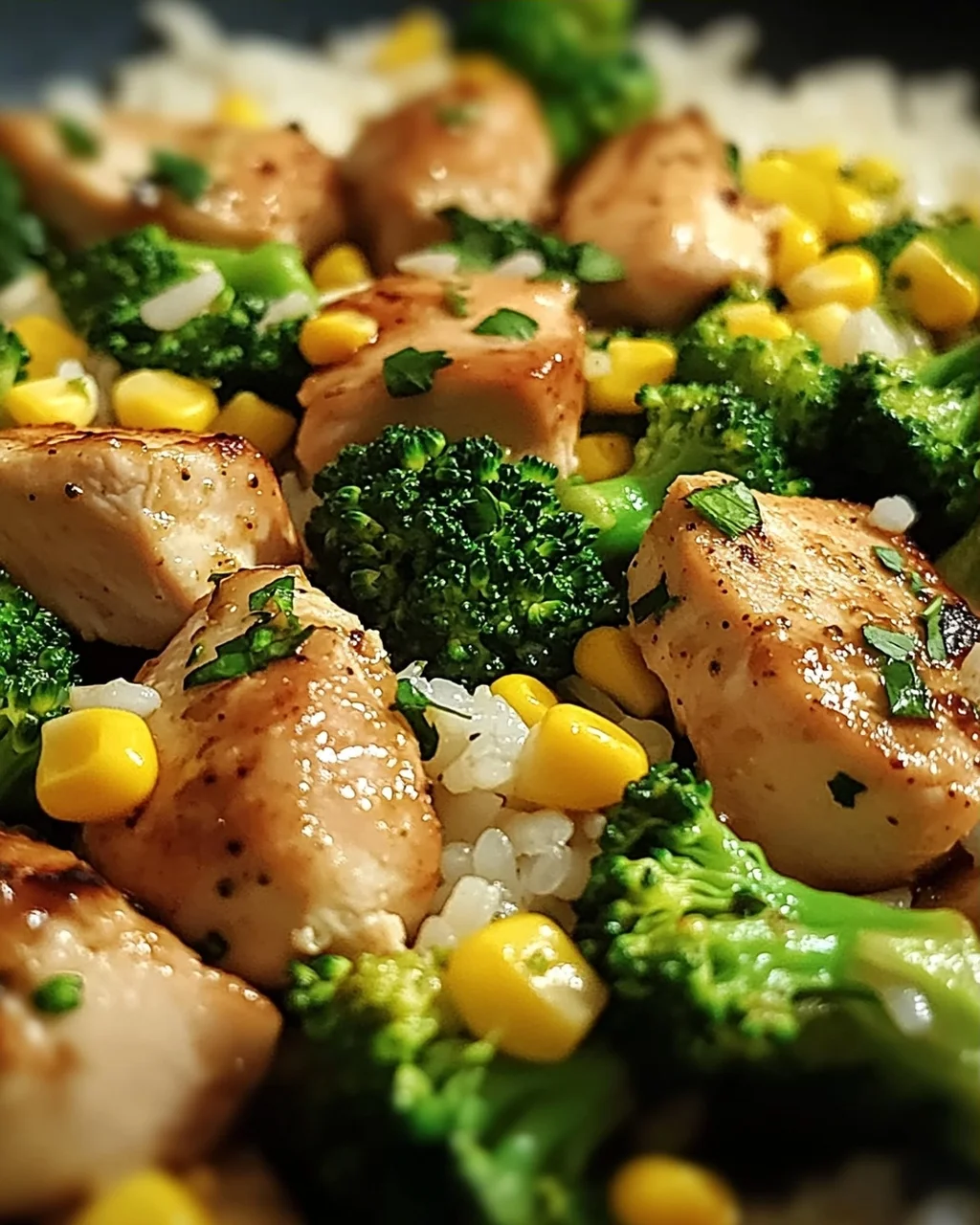 Hähnchen-Reis-Pfanne mit Brokkoli und Mais für Eilige