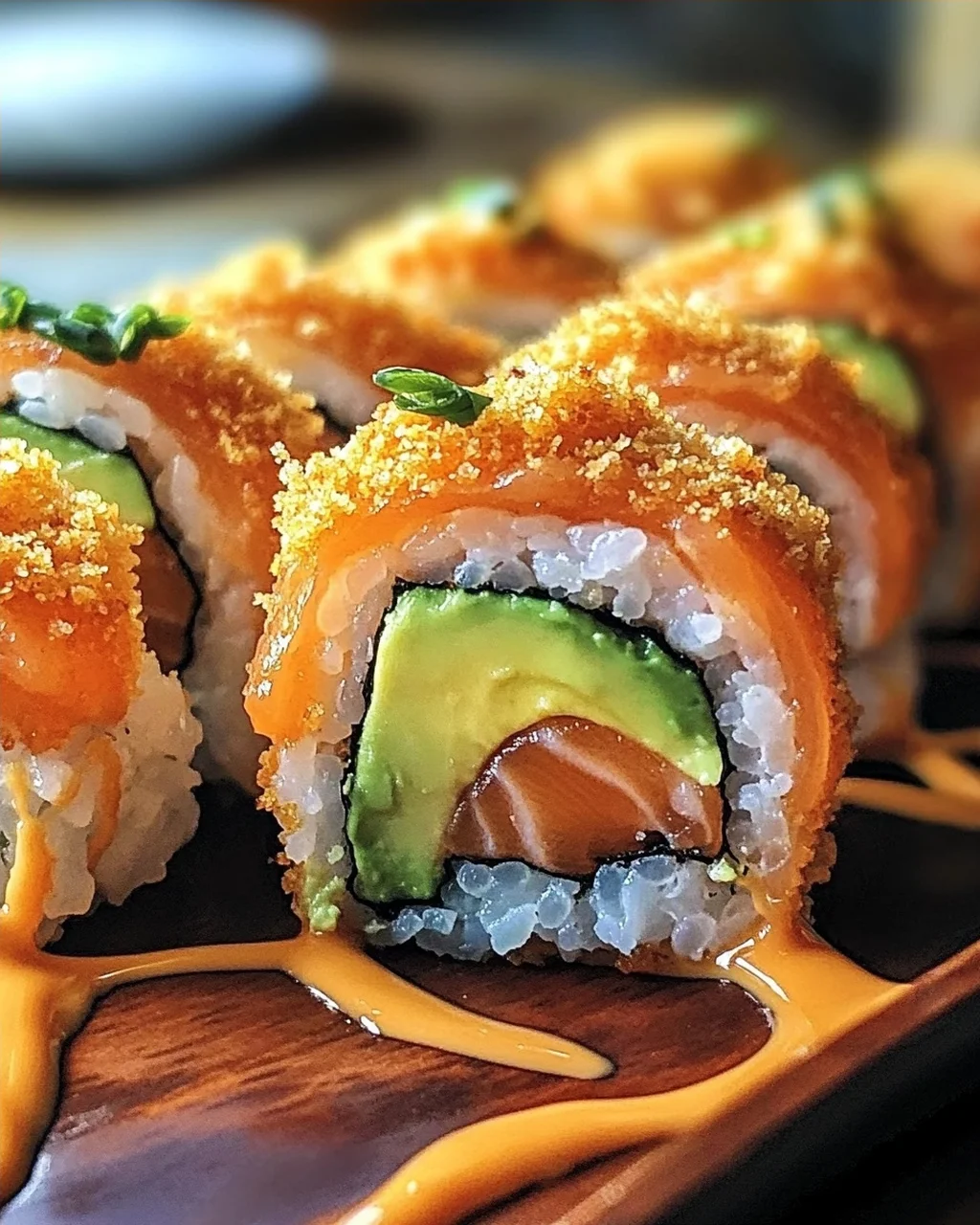Knusprige frittierte Lachs- und Avocado-Rollen genießen