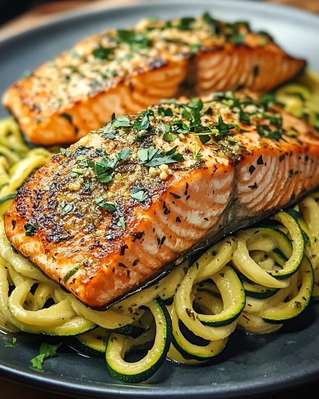 Kräuterlachs auf Zucchinipasta