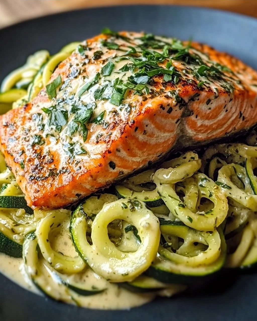 Kräuterlachs auf Zucchinipasta