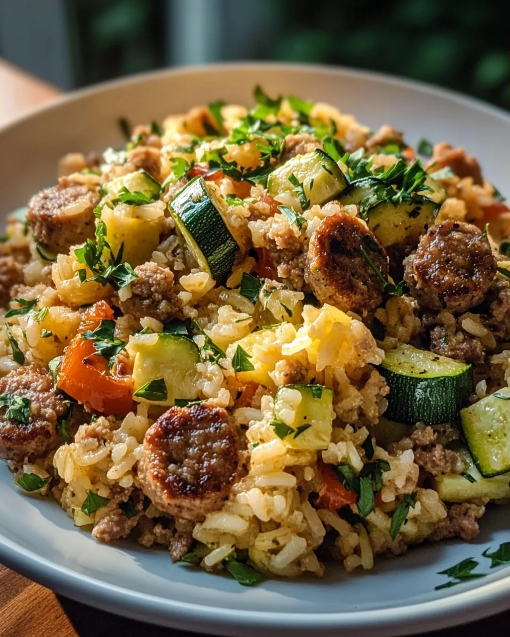 Mediterraner Wurst Reis: Lecker mit Zucchini & Kräutern!