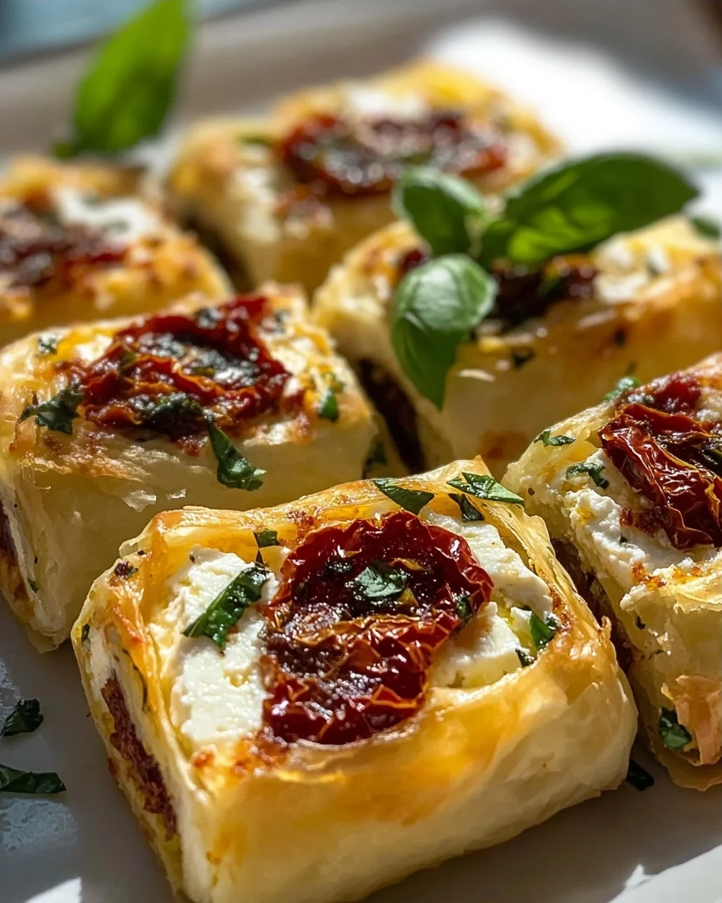 Ofen Feta Röllchen mit getrockneten Tomaten und Basilikum Rezept