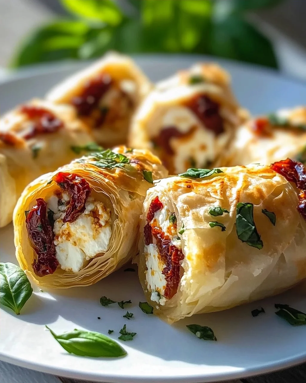 Ofen Feta Röllchen mit getrockneten Tomaten und Basilikum Rezept