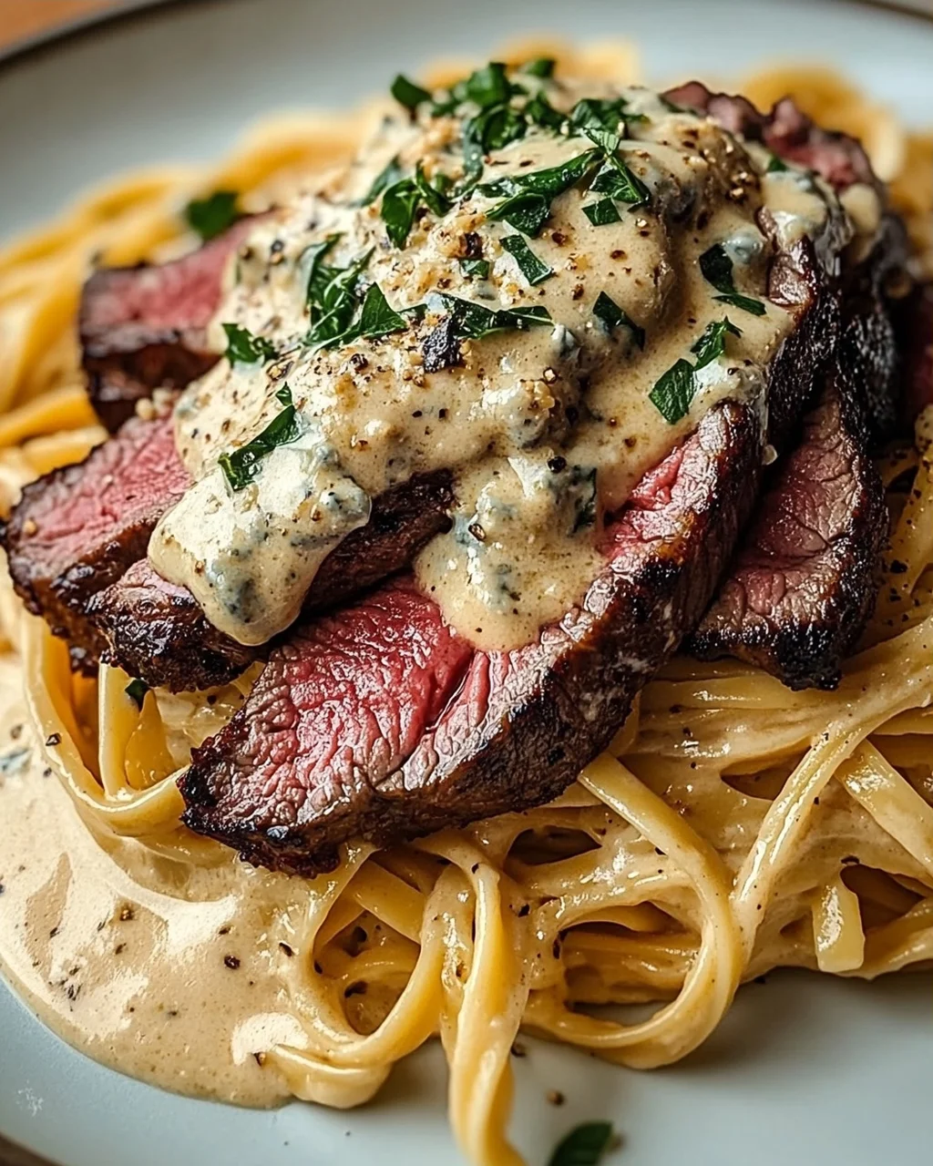 Pikantes Steak Gorgonzola Alfredo mit cremiger Parmesan-Soße