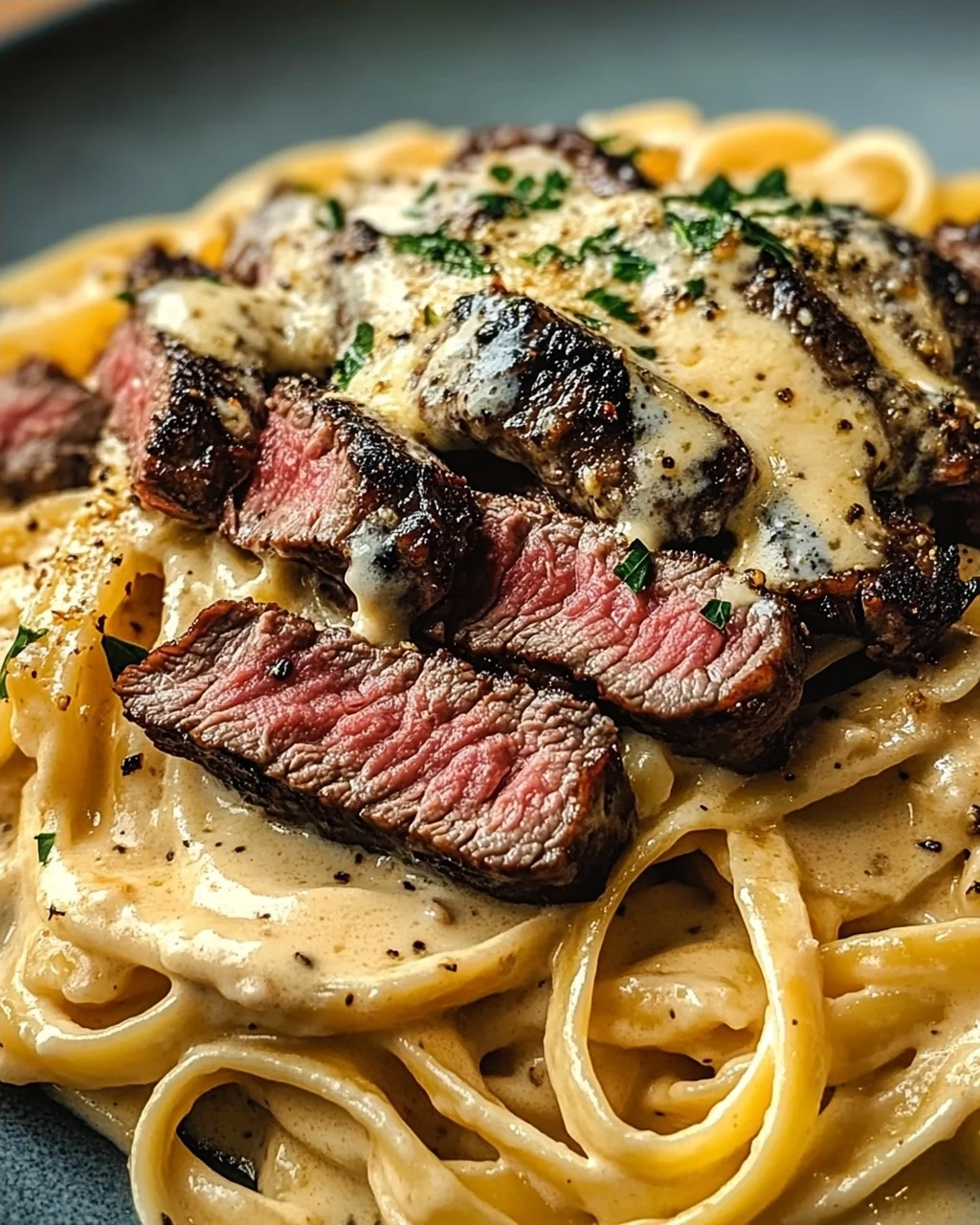 Pikantes Steak Gorgonzola Alfredo mit cremiger Parmesan-Soße
