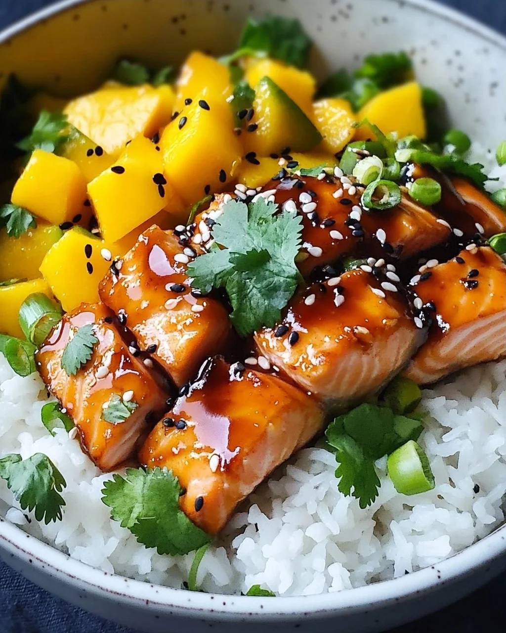 Teriyaki Lachs Reisschüssel mit Mango