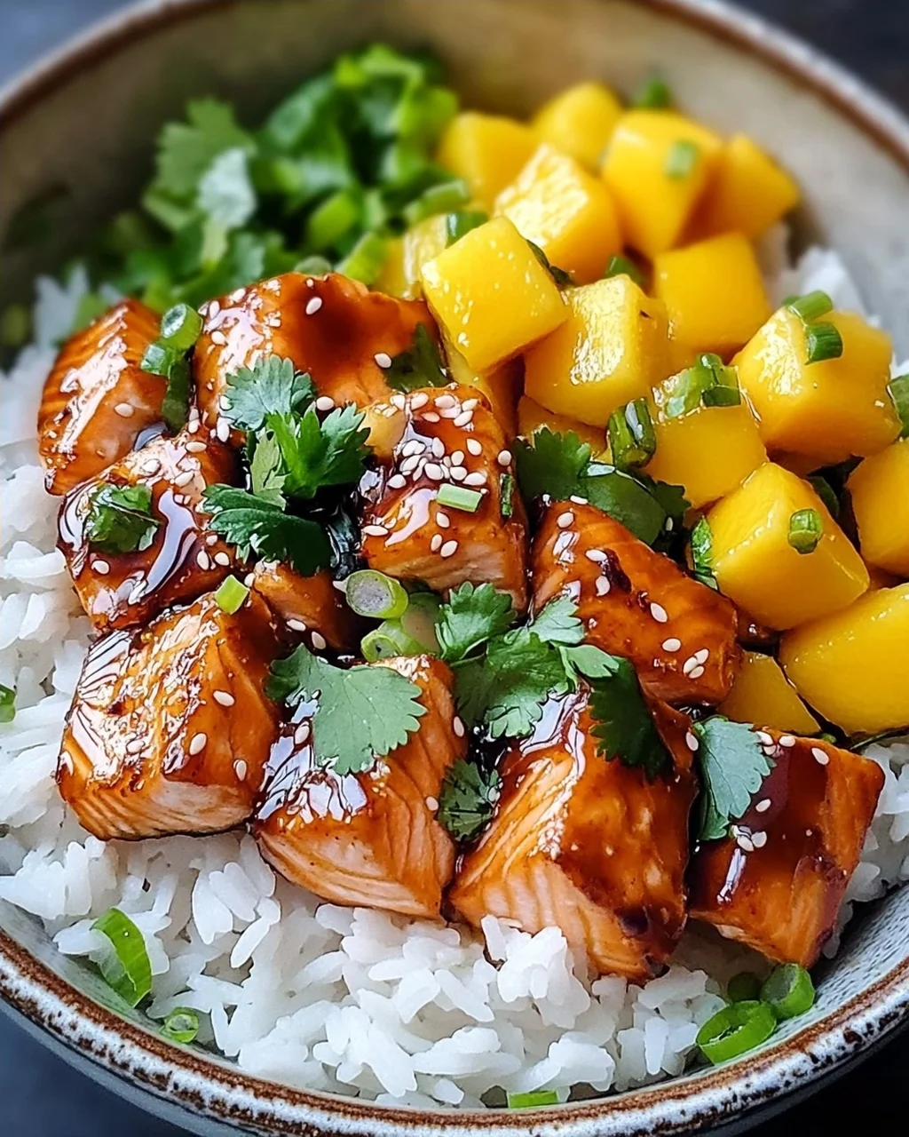 Teriyaki Lachs Reisschüssel mit Mango