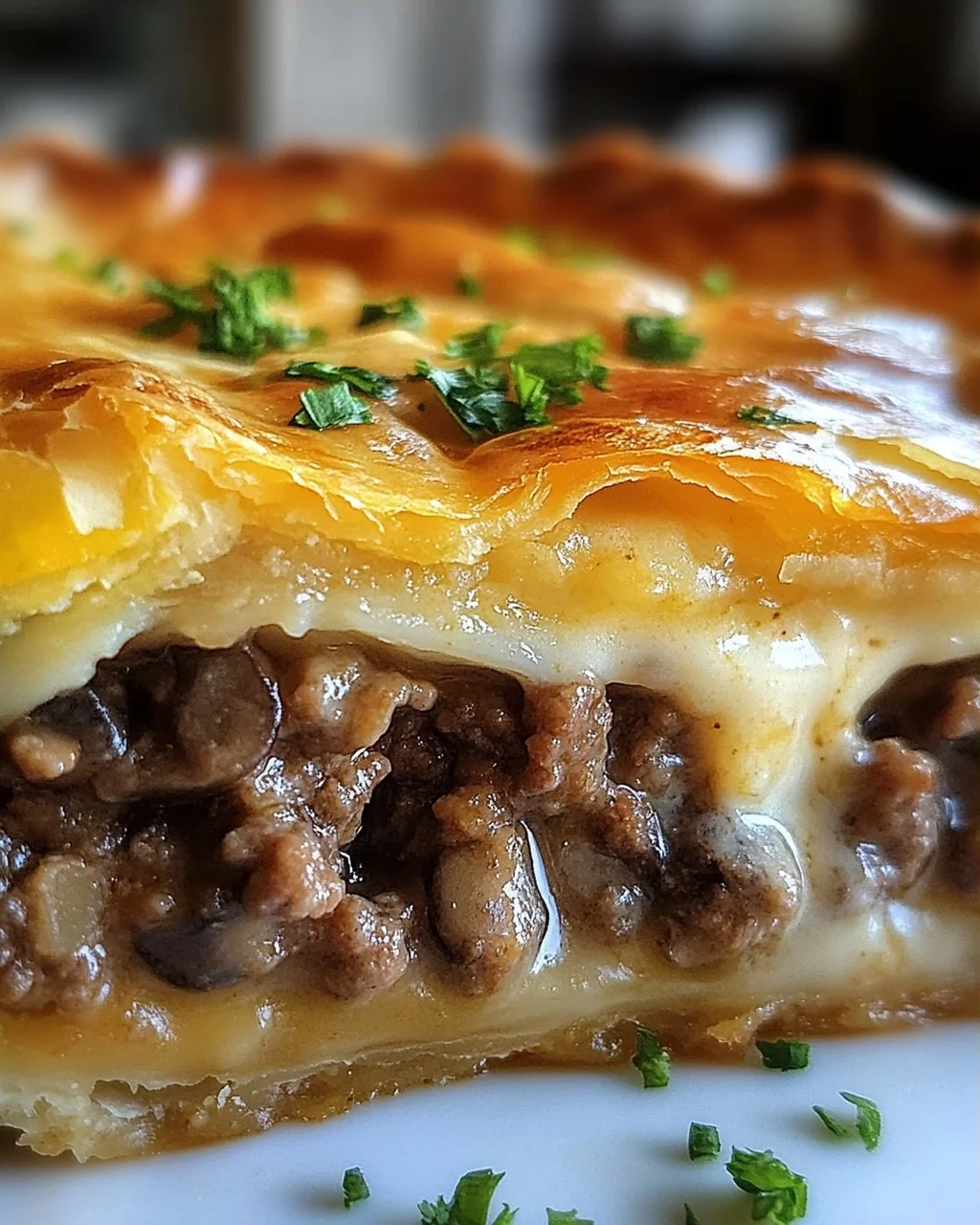 Torte mit Pilzen, Hackfleisch und Käse