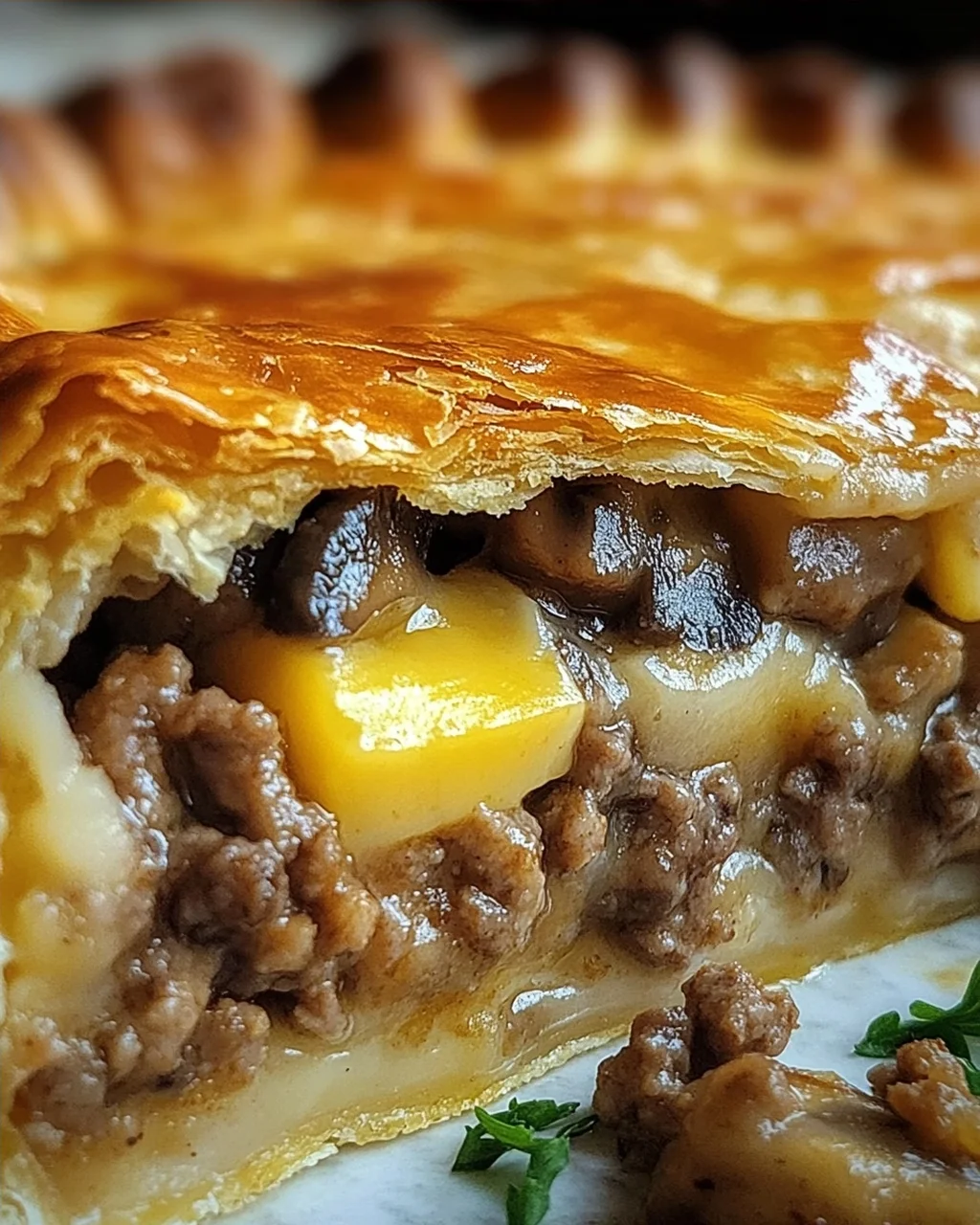 Torte mit Pilzen, Hackfleisch und Käse