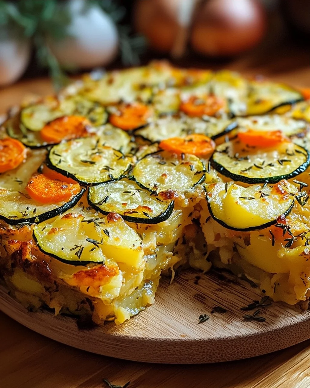 Vegetarischer Kartoffelauflauf mit Zucchini, Karotten und Zwiebeln