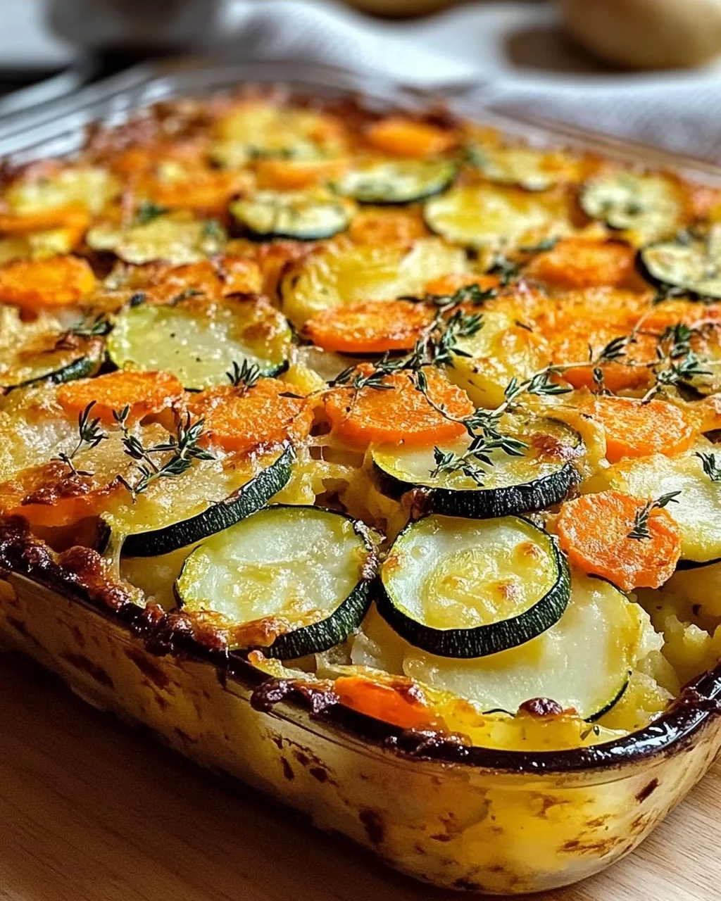 Vegetarischer Kartoffelauflauf mit Zucchini, Karotten und Zwiebeln