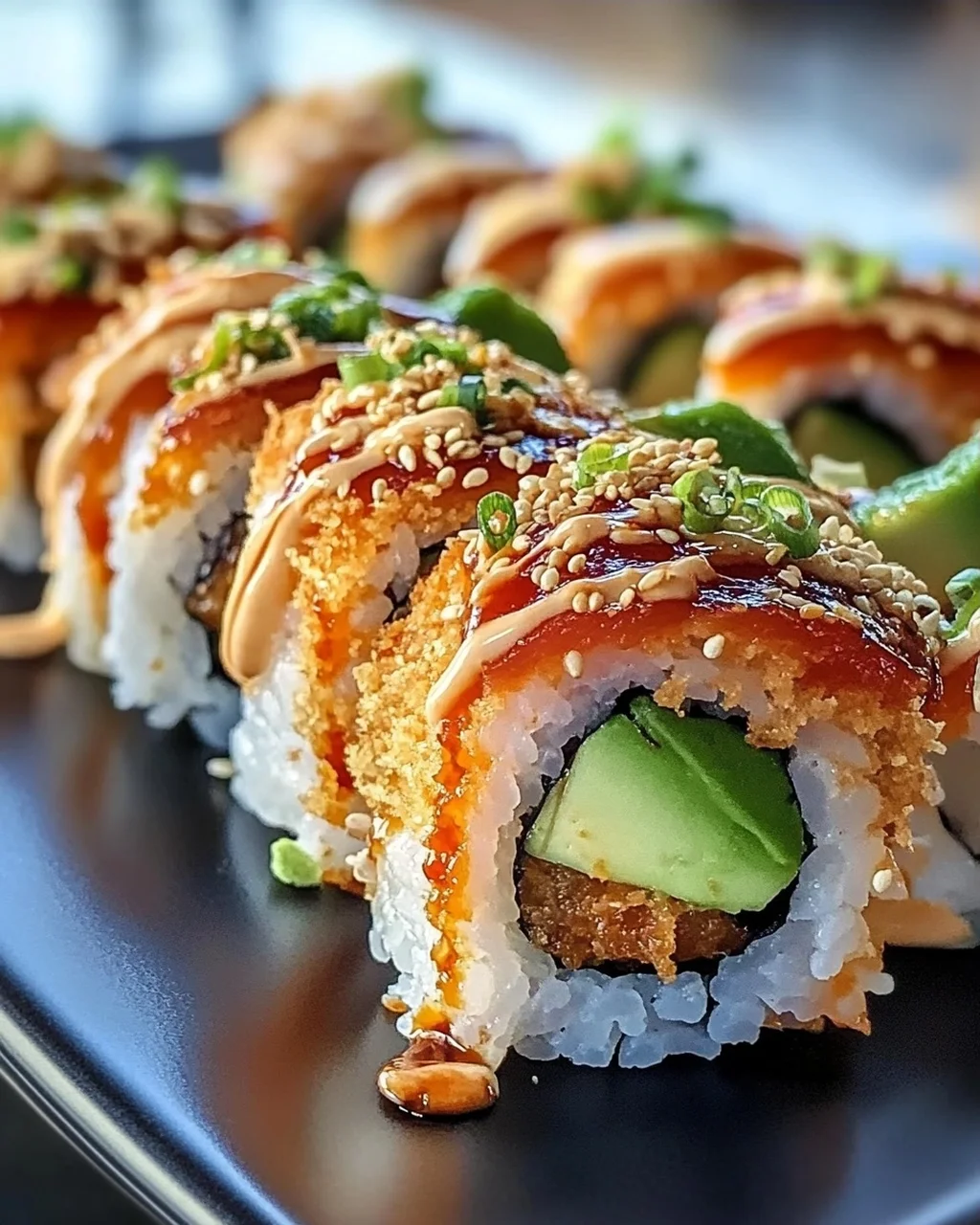 Würziger Volcano Roll mit Avocado und knusprigen Tempura Bits