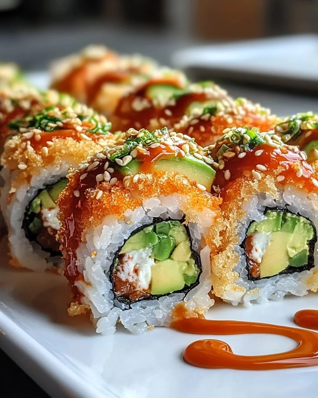 Würziger Volcano Roll mit Avocado und knusprigen Tempura Bits